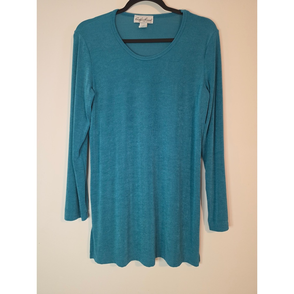 Carolyn Strauss Tunic Top Womens Medium Teal Blue Nylon Spandex Slinky Knit Boho